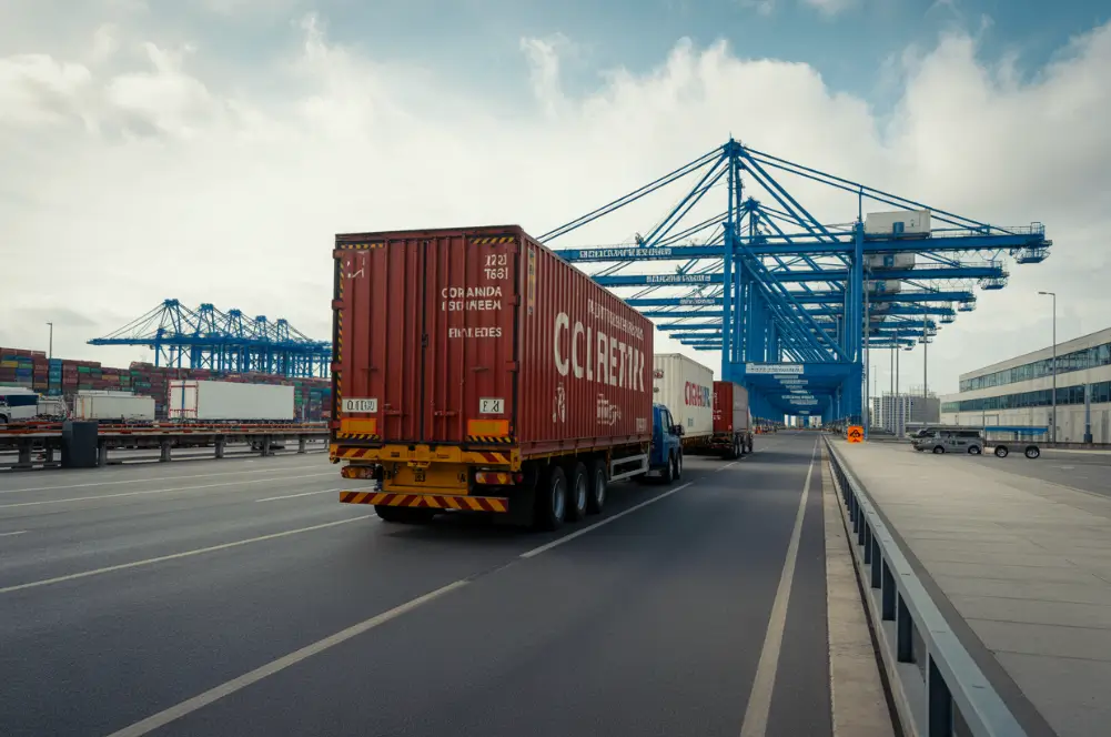 Caminhões com contêineres em terminal portuário, com guindastes ao fundo, ilustrando fluxo logístico e supply chain ágil.
